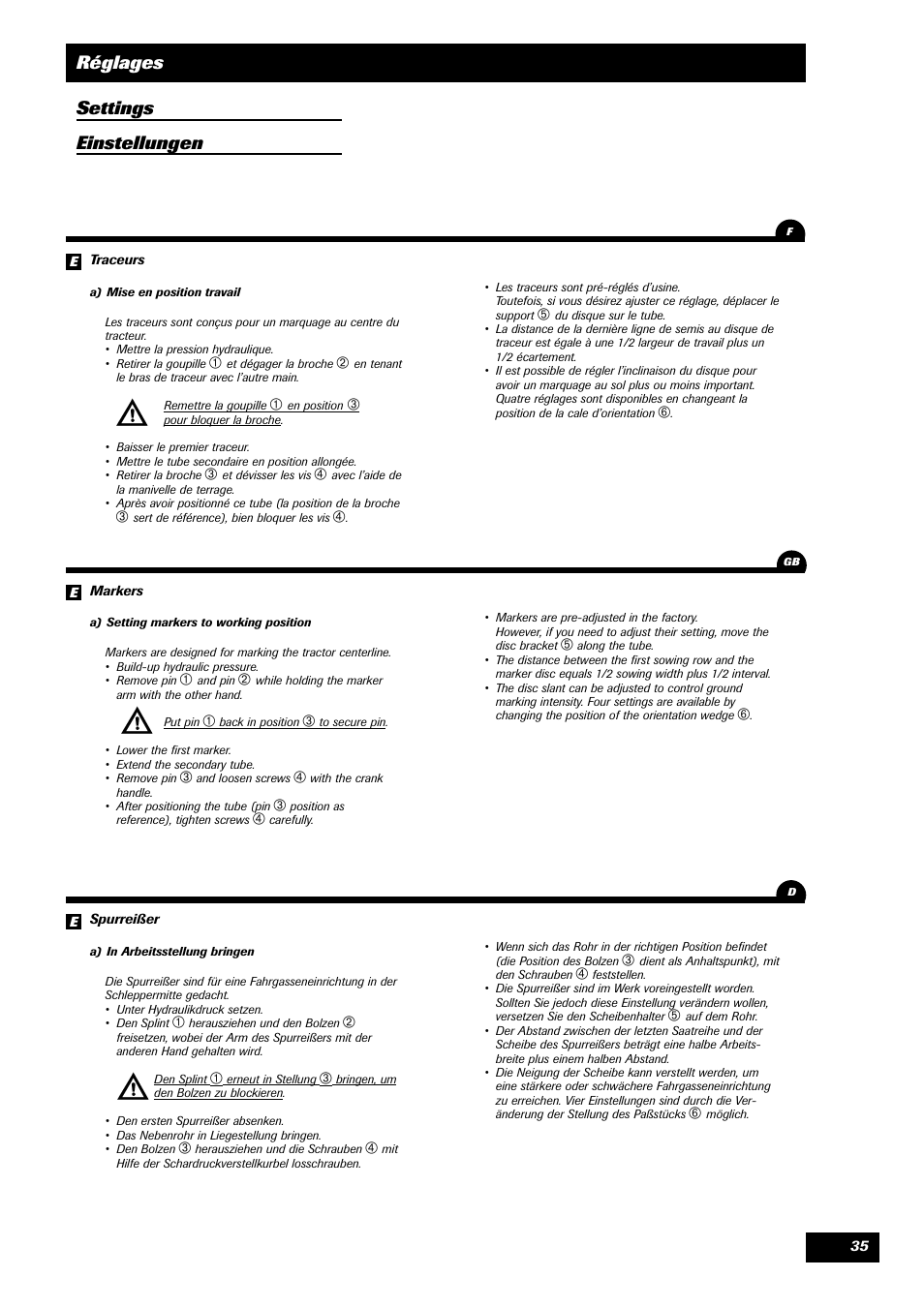 Réglages settings einstellungen | Sulky Unidrill série 100 User Manual | Page 36 / 79