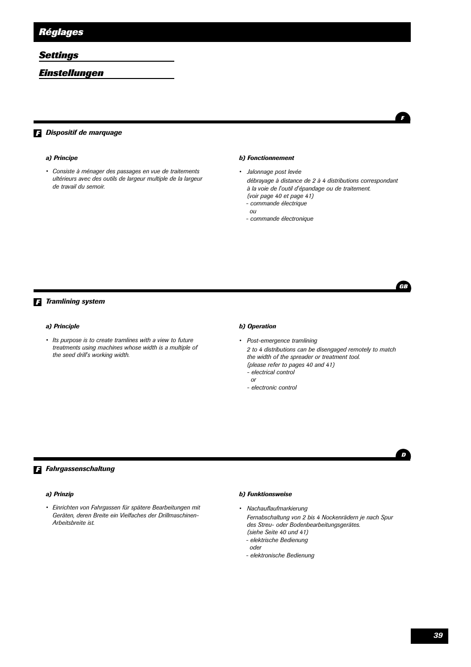 Réglages settings einstellungen | Sulky Unidrill série 100 User Manual | Page 40 / 79
