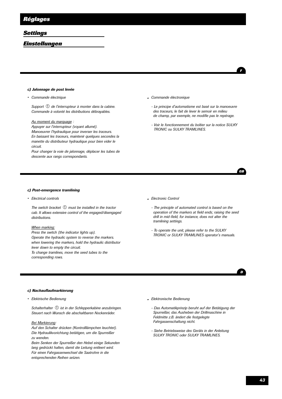 Réglages settings einstellungen | Sulky Unidrill série 100 User Manual | Page 44 / 79