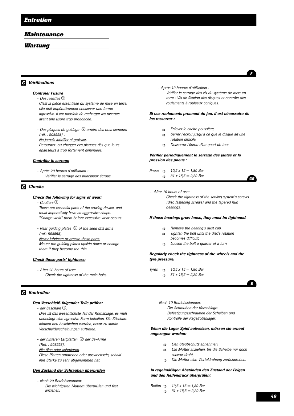 Entretien maintenance wartung | Sulky Unidrill série 100 User Manual | Page 50 / 79