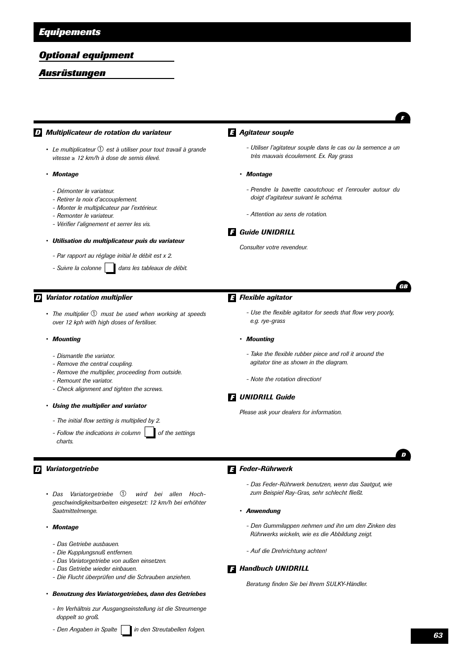 Equipements optional equipment ausrüstungen | Sulky Unidrill série 100 User Manual | Page 64 / 79