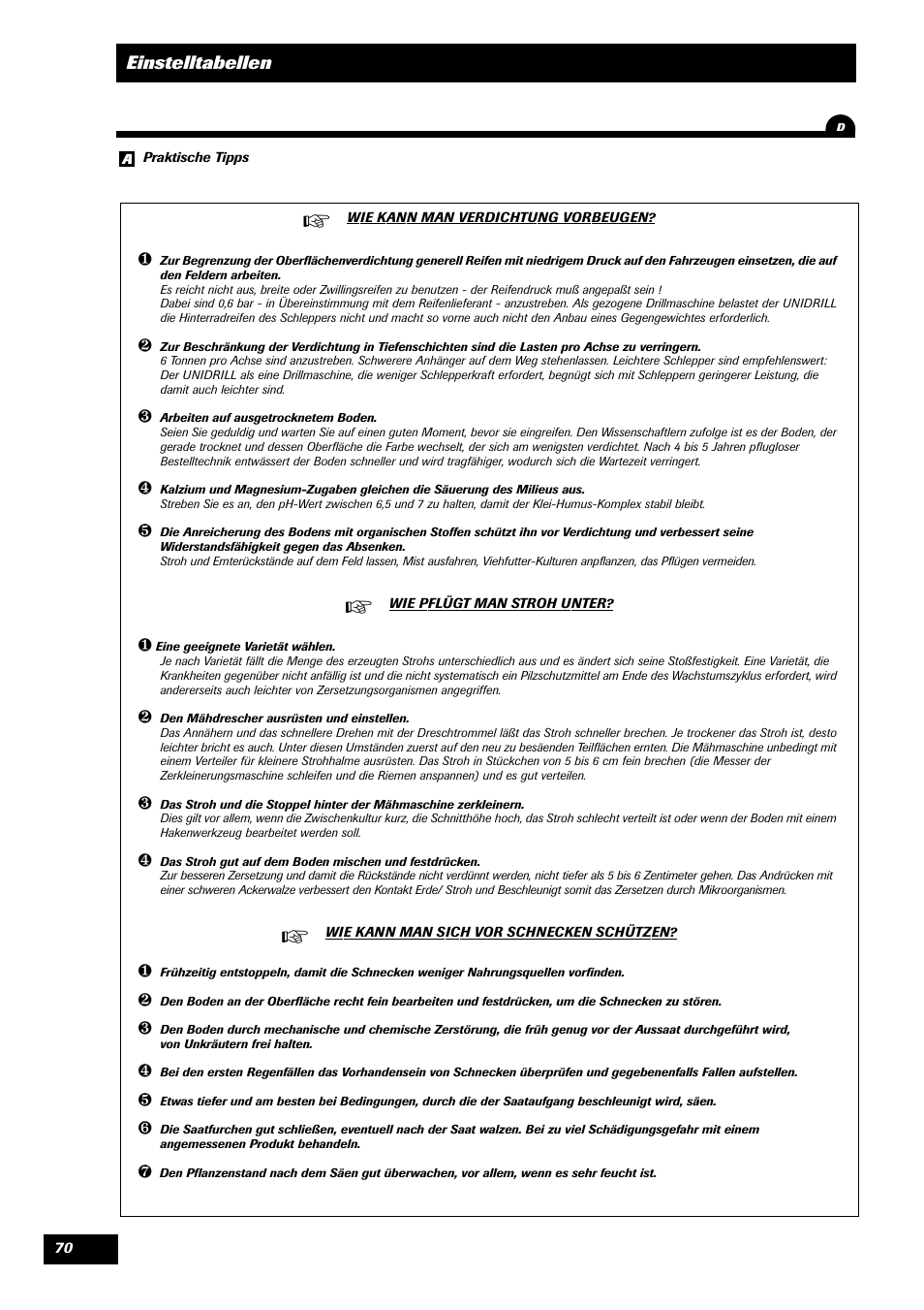 Einstelltabellen | Sulky Unidrill série 100 User Manual | Page 71 / 79