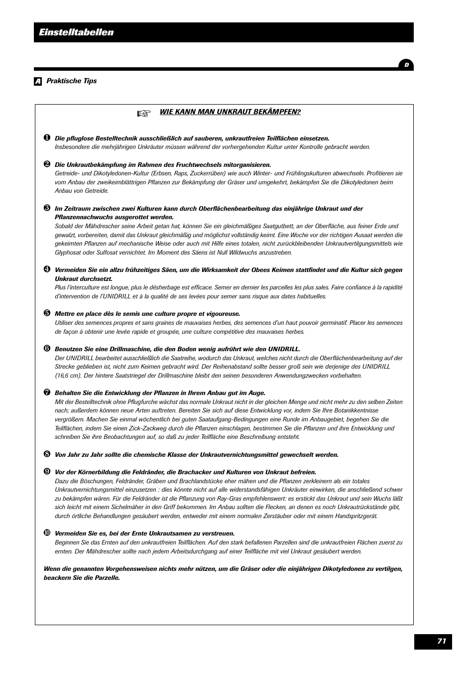 Einstelltabellen | Sulky Unidrill série 100 User Manual | Page 72 / 79