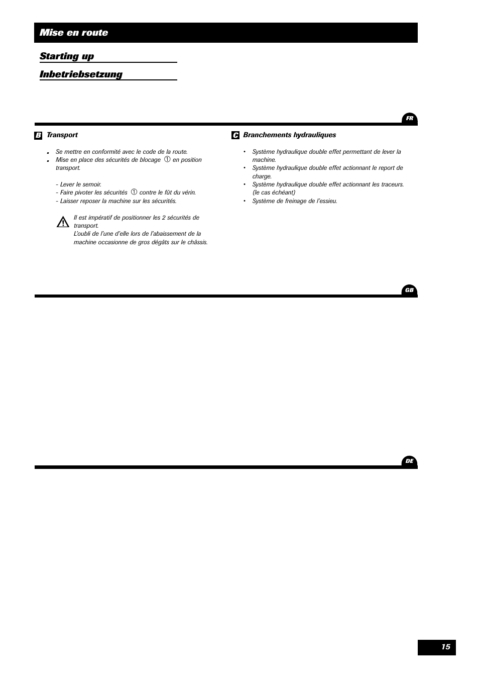 Mise en route starting up inbetriebsetzung | Sulky Unidrill C3000T User Manual | Page 16 / 94