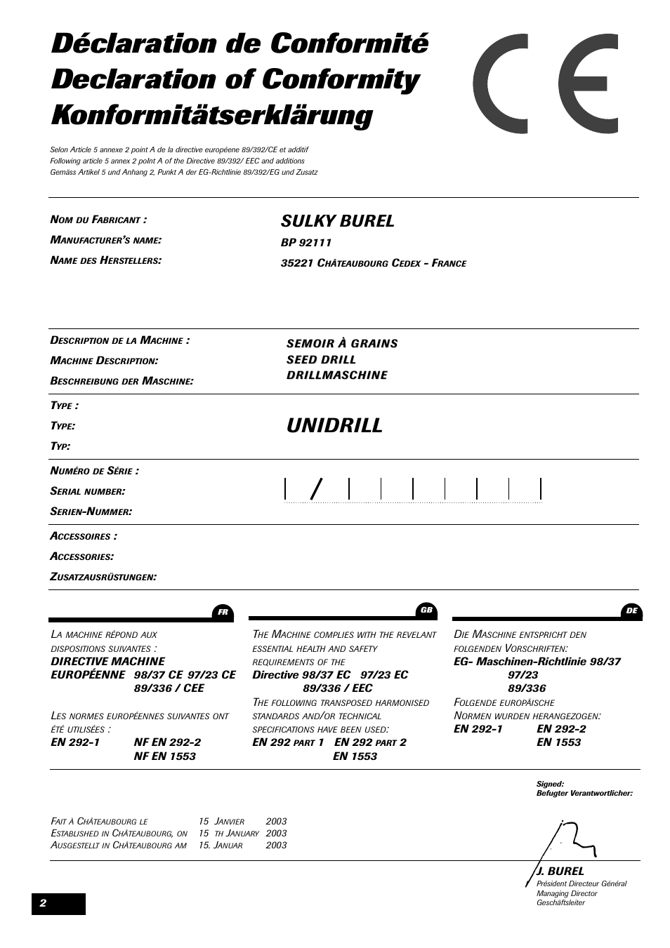 Unidrill, Sulky burel | Sulky Unidrill C3000T User Manual | Page 3 / 94