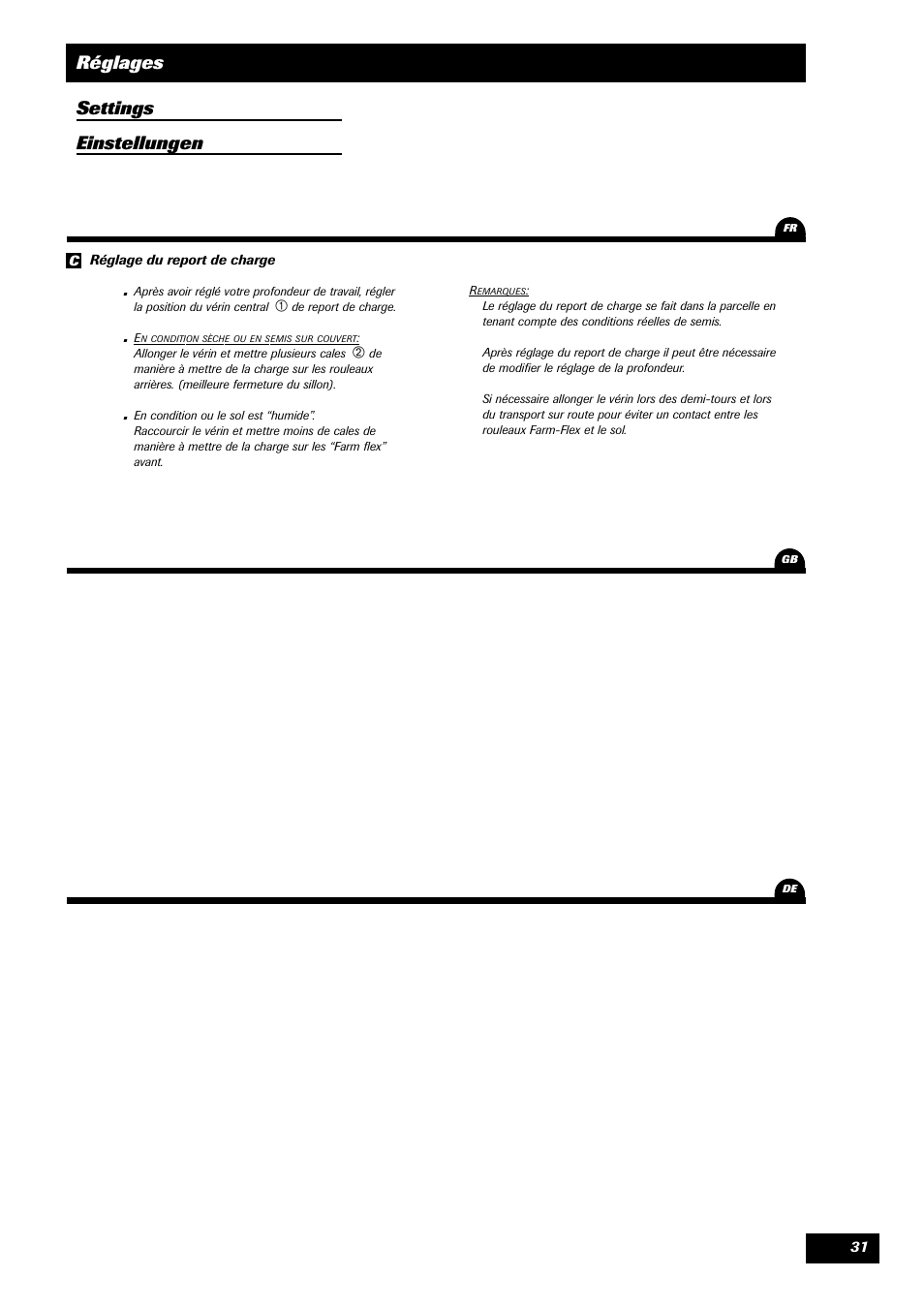 Réglages settings einstellungen | Sulky Unidrill C3000T User Manual | Page 32 / 94