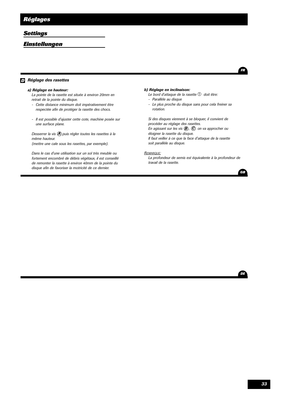 Settings einstellungen, Réglages | Sulky Unidrill C3000T User Manual | Page 34 / 94