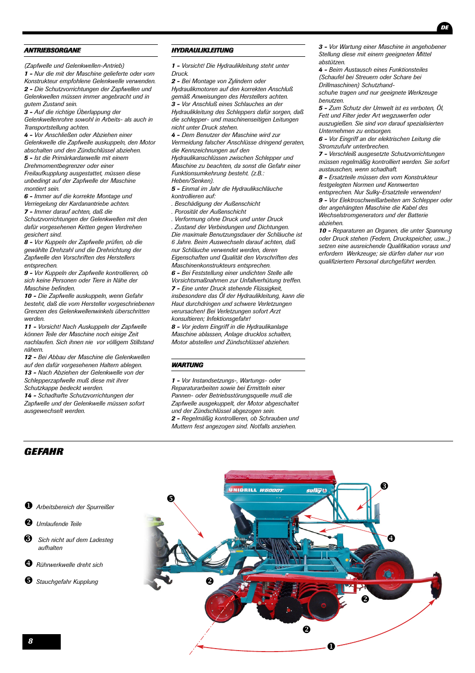 Gefahr | Sulky Unidrill W1000T User Manual | Page 10 / 97