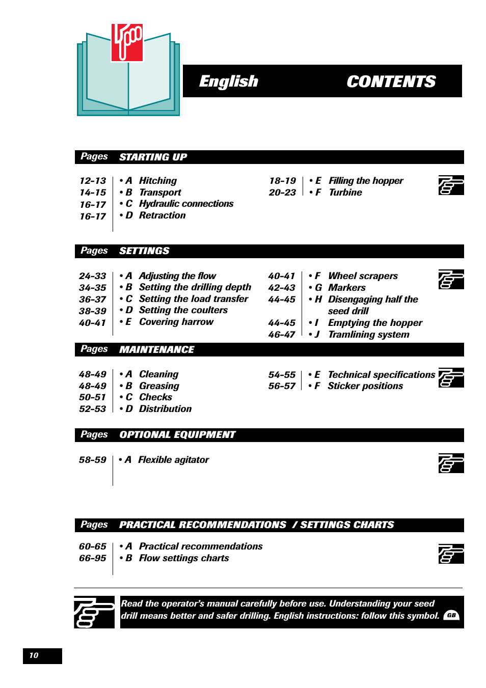 Contents english | Sulky Unidrill W1000T User Manual | Page 12 / 97