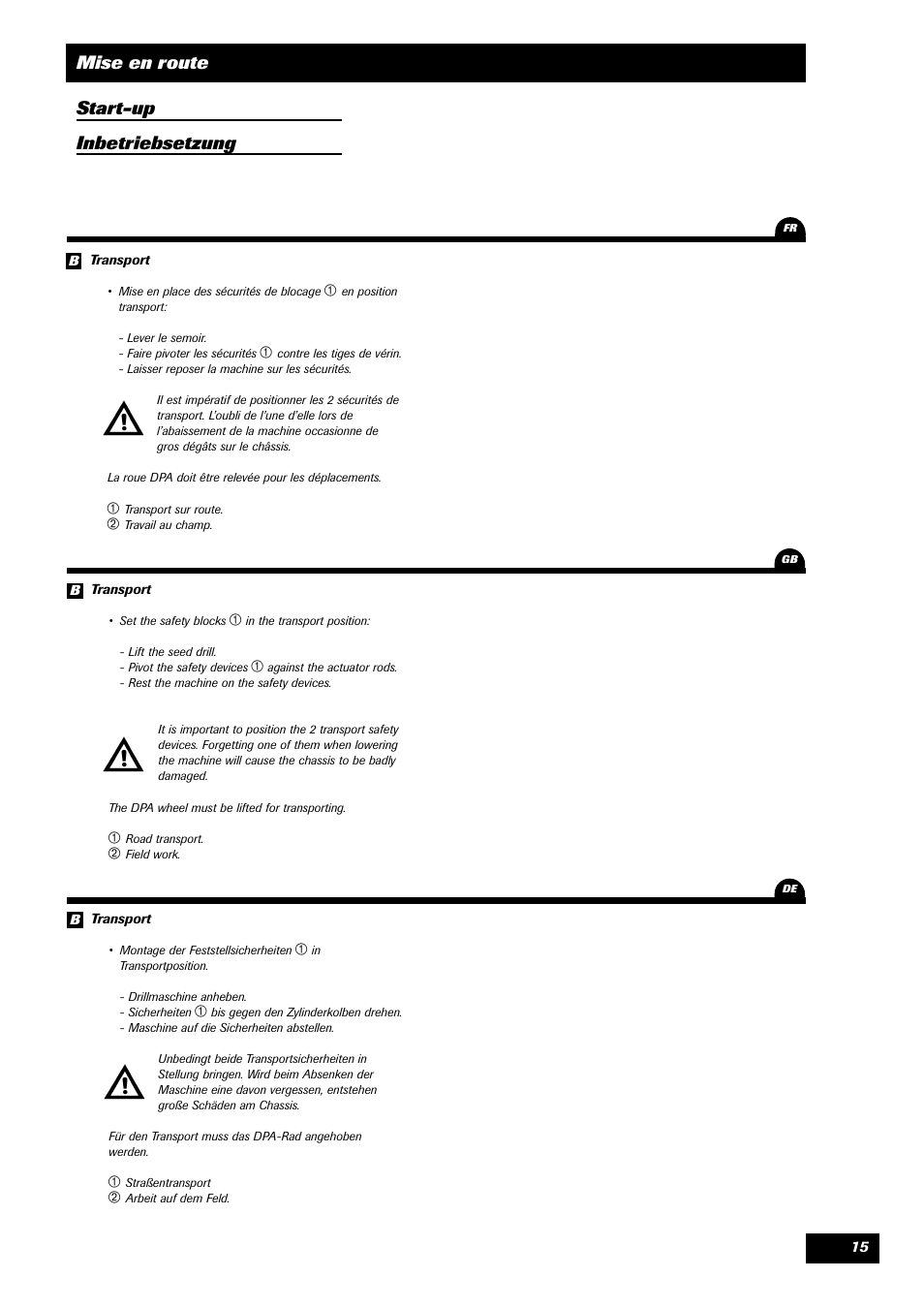 Mise en route start-up inbetriebsetzung | Sulky Unidrill W1000T User Manual | Page 17 / 97