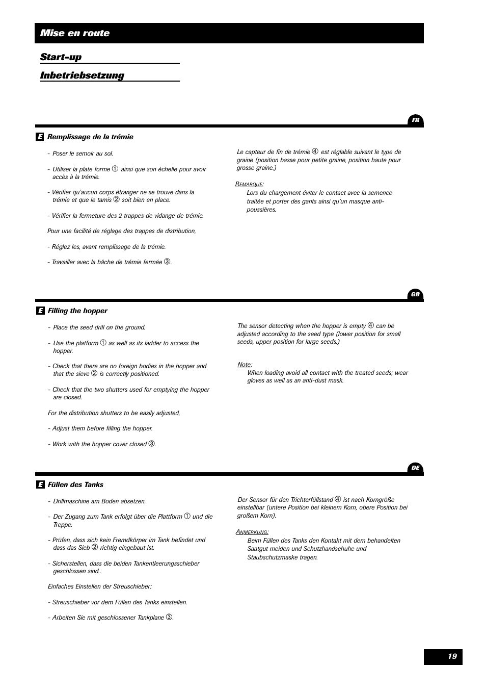 Mise en route start-up inbetriebsetzung | Sulky Unidrill W1000T User Manual | Page 21 / 97