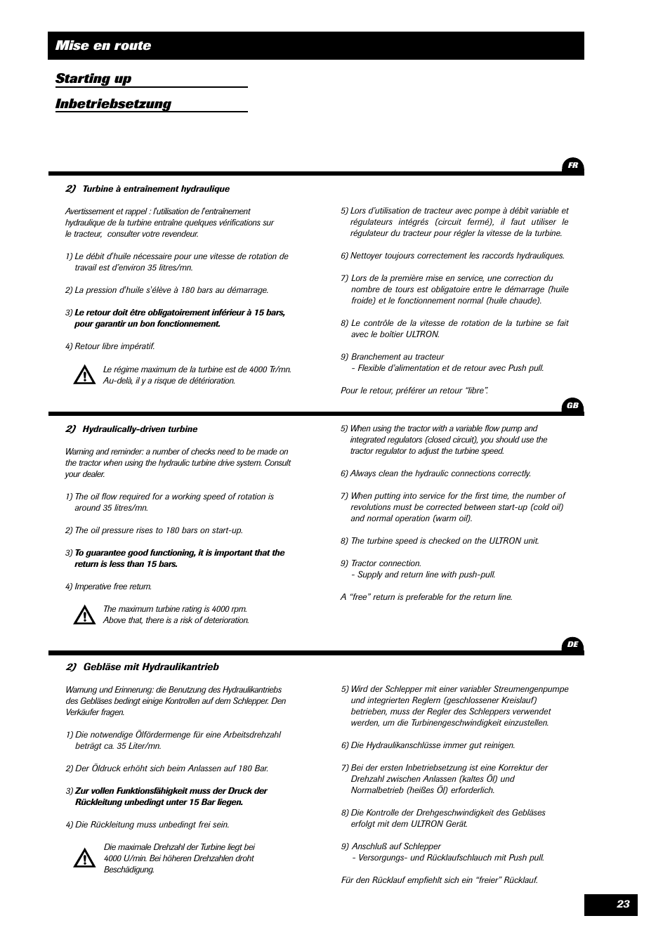 Mise en route starting up inbetriebsetzung | Sulky Unidrill W1000T User Manual | Page 25 / 97