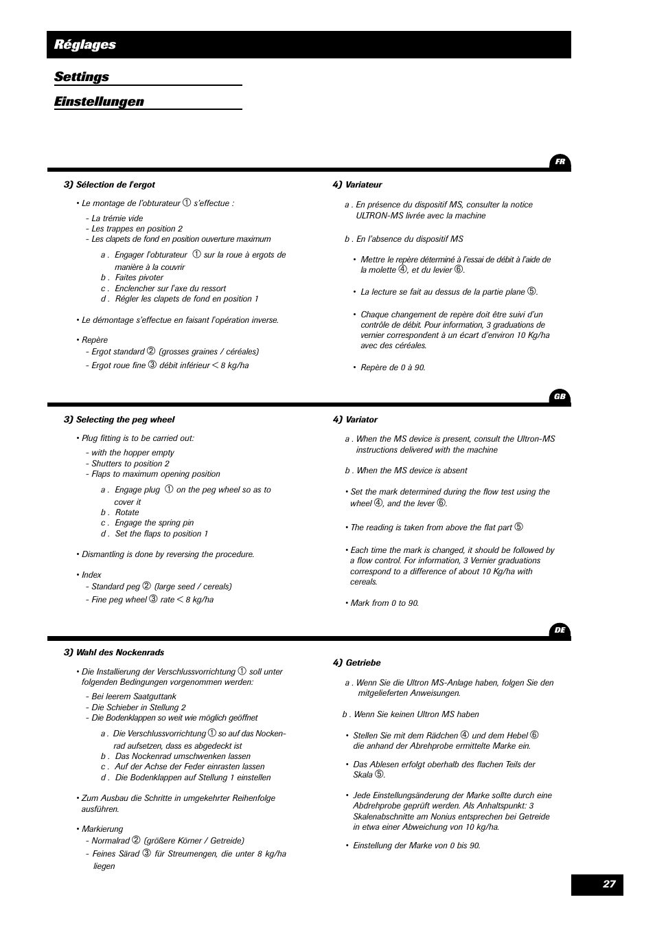 Réglages settings einstellungen | Sulky Unidrill W1000T User Manual | Page 29 / 97