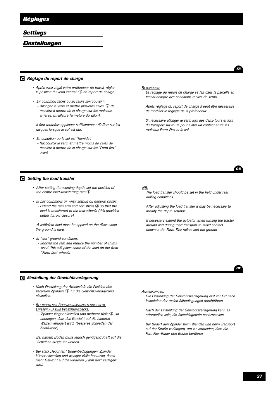 Réglages settings einstellungen | Sulky Unidrill W1000T User Manual | Page 39 / 97