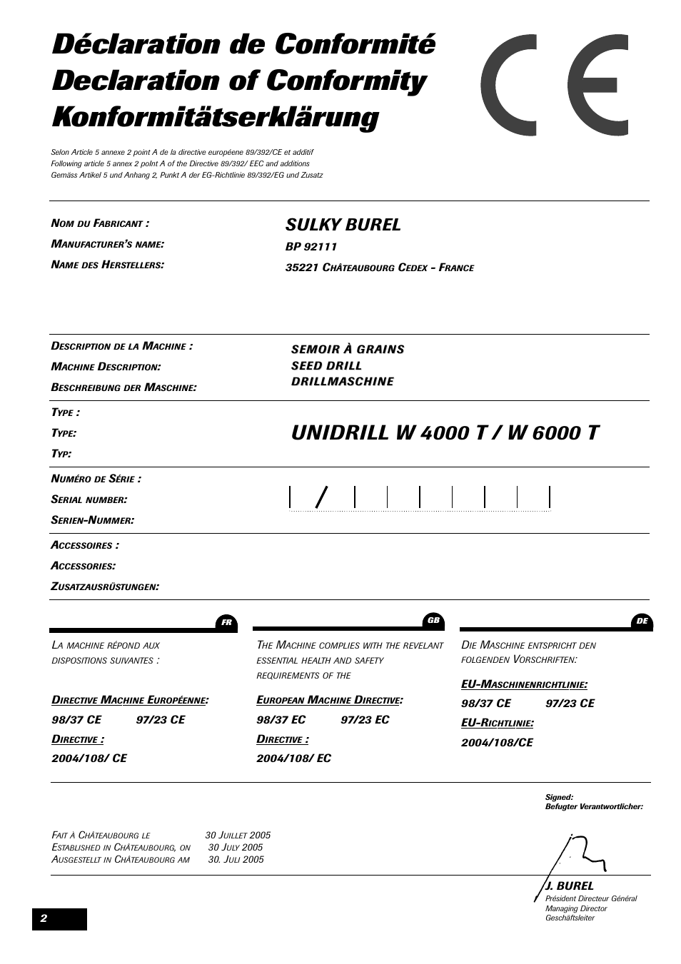 Sulky burel | Sulky Unidrill W1000T User Manual | Page 4 / 97