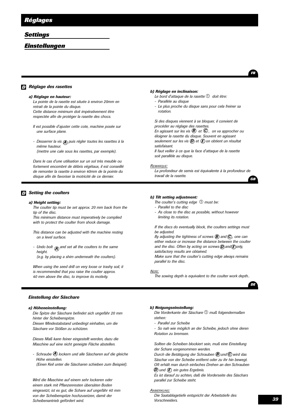 Settings einstellungen réglages | Sulky Unidrill W1000T User Manual | Page 41 / 97
