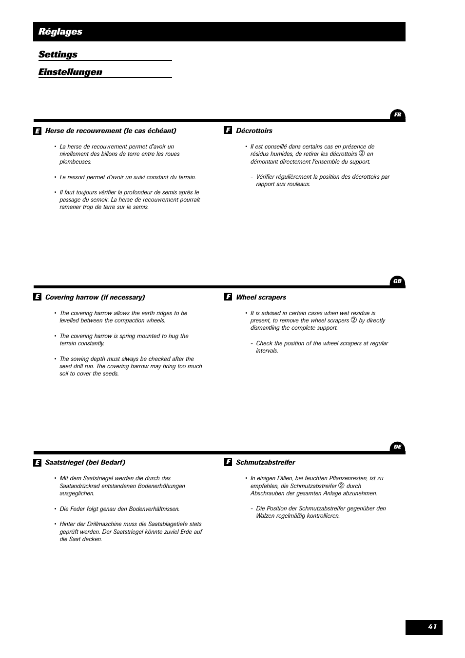 Réglages settings einstellungen | Sulky Unidrill W1000T User Manual | Page 43 / 97