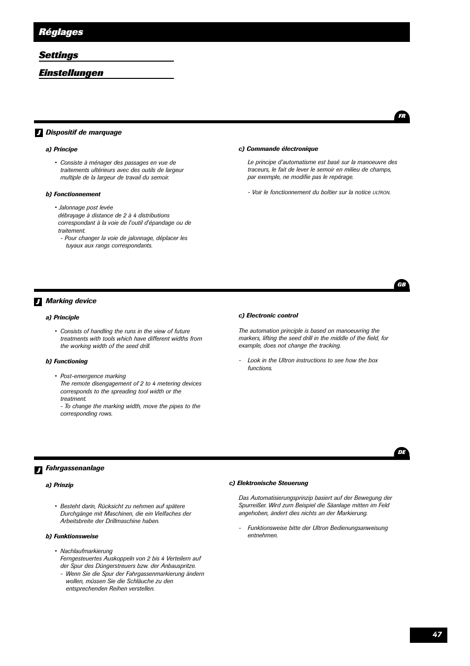 Réglages settings einstellungen | Sulky Unidrill W1000T User Manual | Page 49 / 97