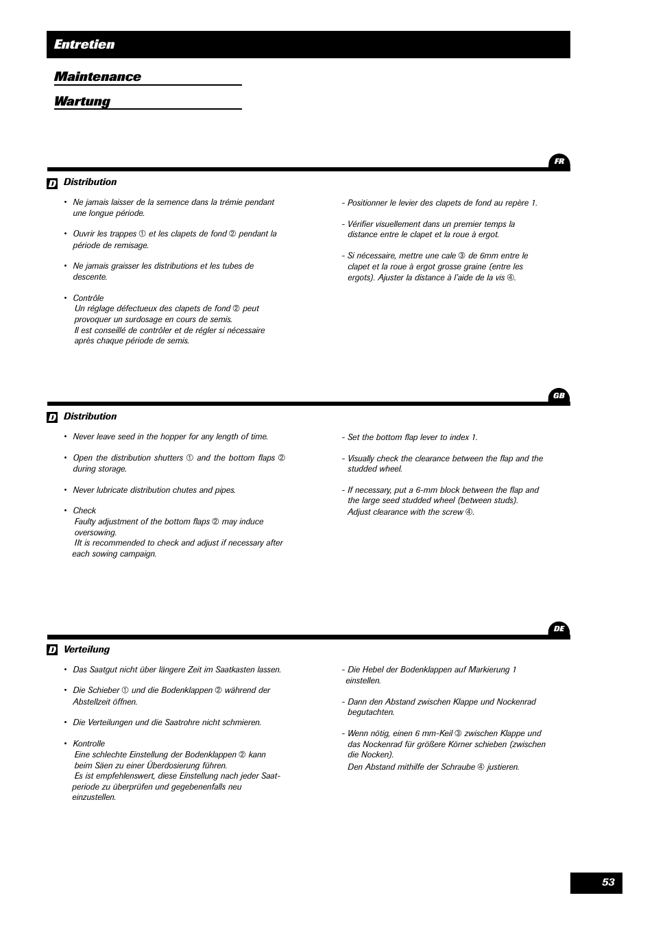 Entretien maintenance wartung | Sulky Unidrill W1000T User Manual | Page 55 / 97
