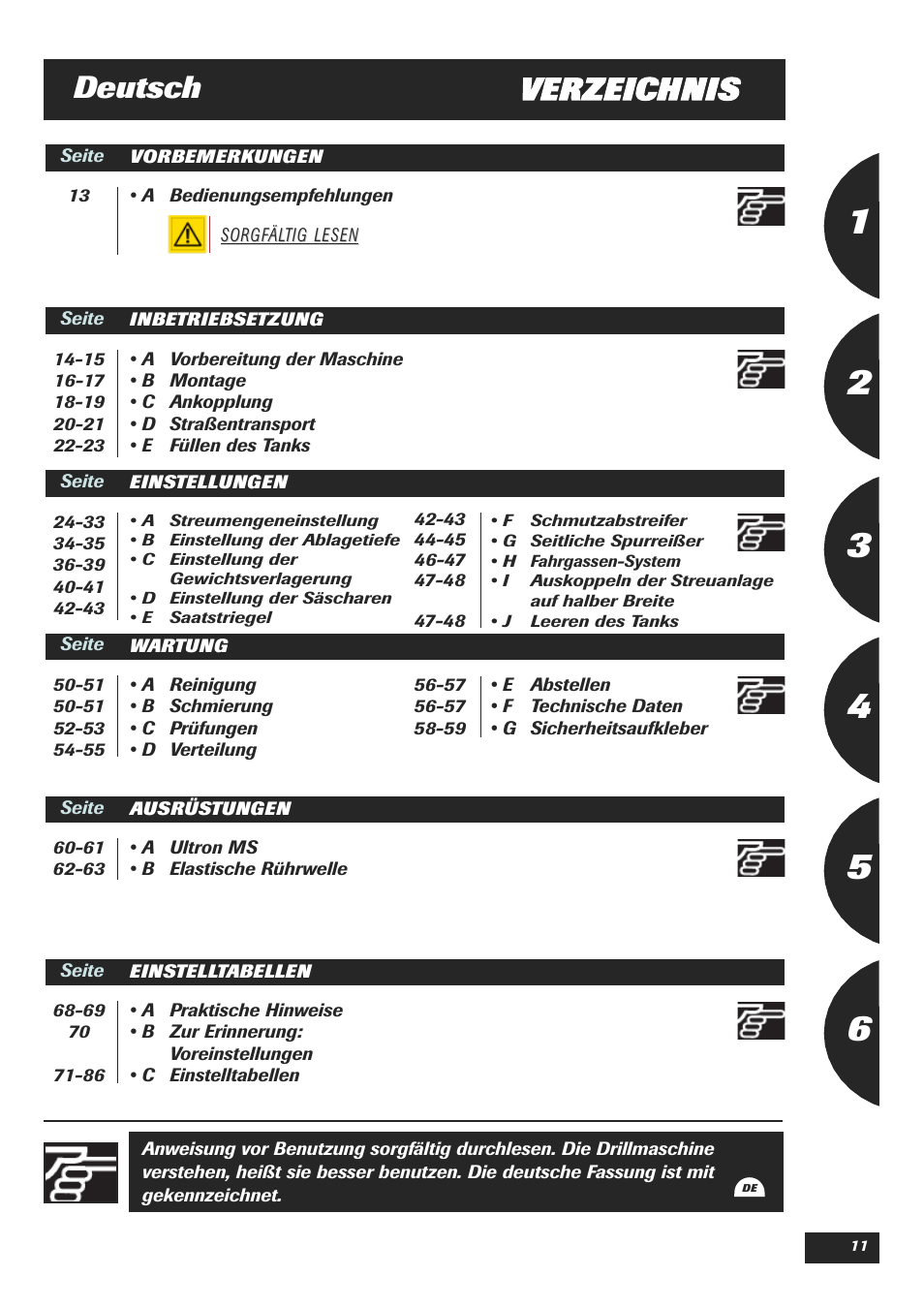 Deutsch, Verzeichnis | Sulky Easydrill User Manual | Page 13 / 89
