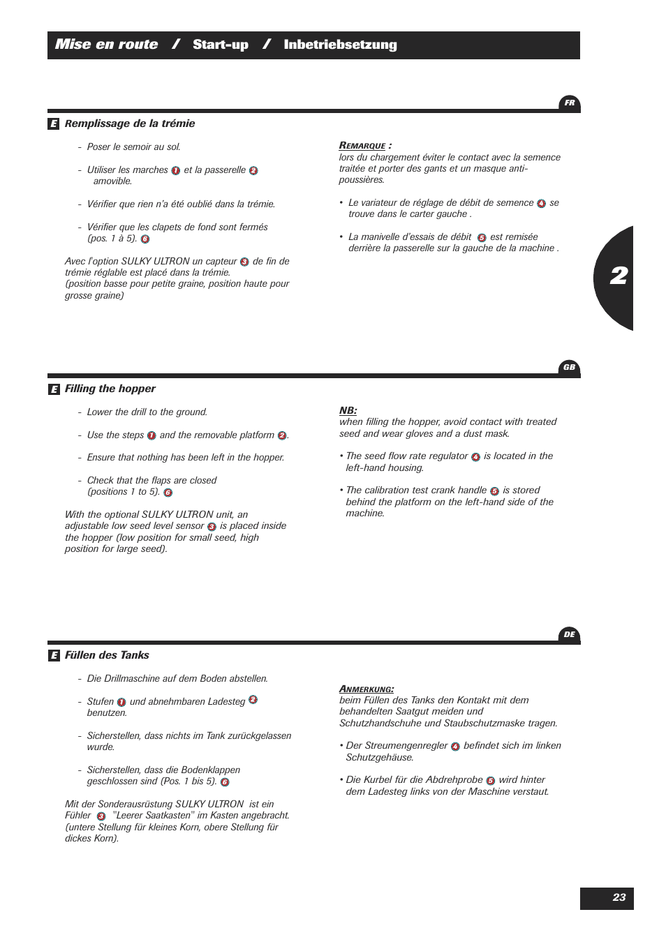 Mise en route, Start-up, Inbetriebsetzung | Sulky Easydrill User Manual | Page 25 / 89