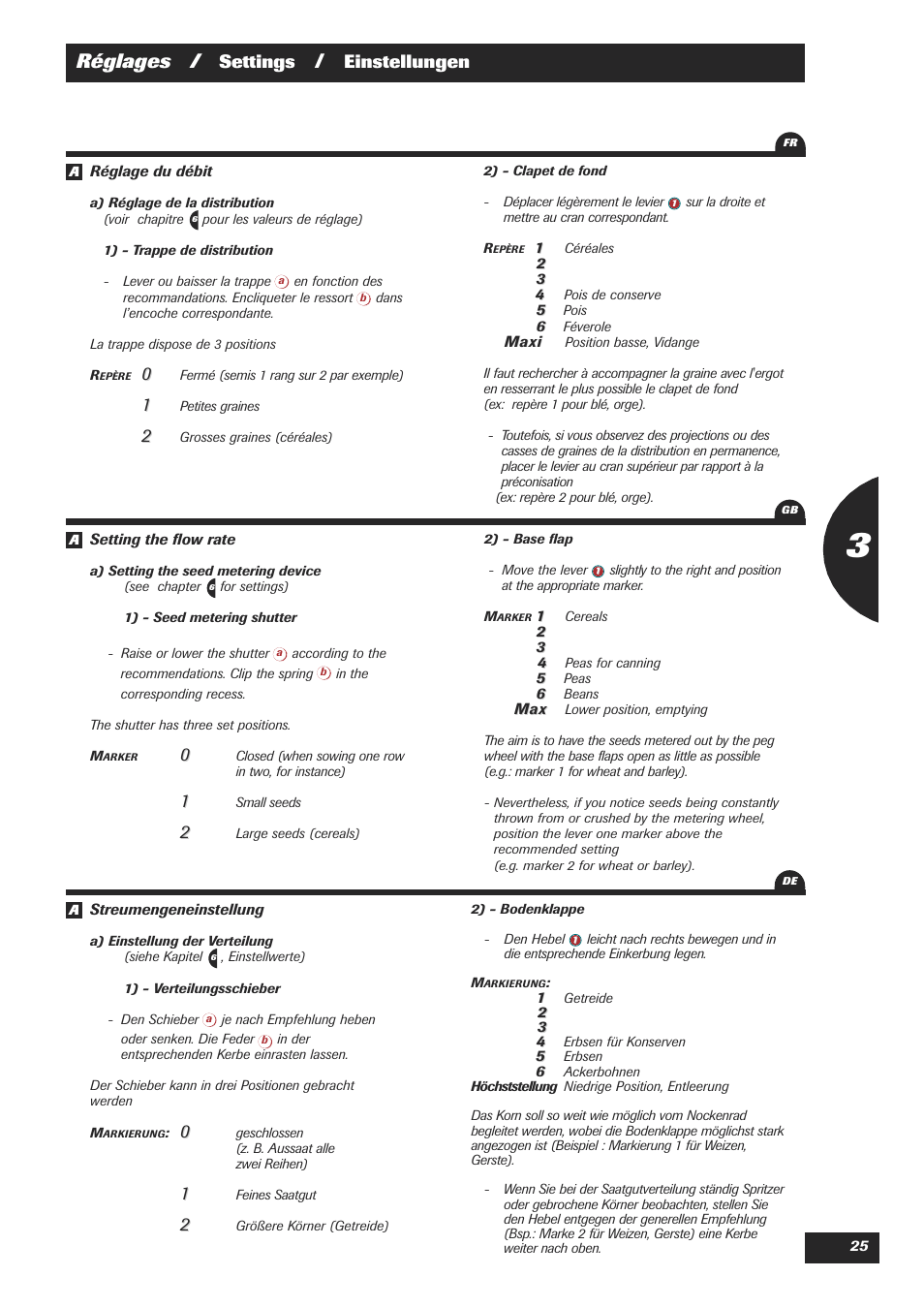 Réglages, Settings, Einstellungen | Sulky Easydrill User Manual | Page 27 / 89