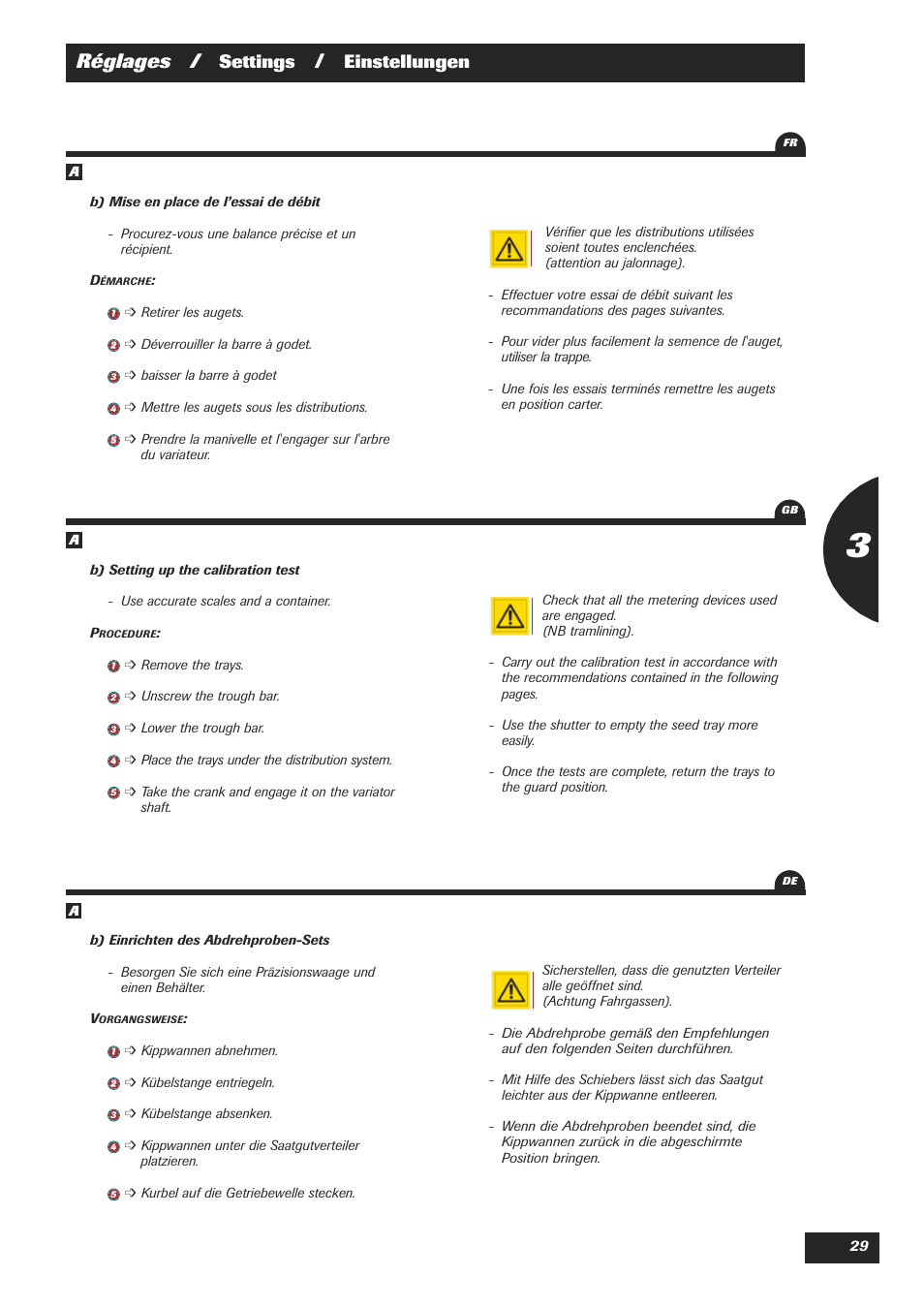 Réglages, Settings, Einstellungen | Sulky Easydrill User Manual | Page 31 / 89