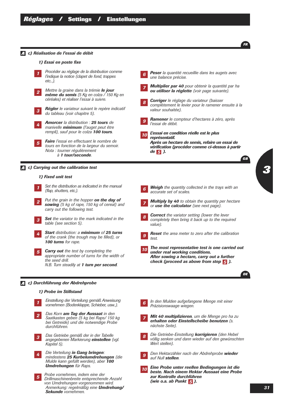 Réglages, Settings, Einstellungen | Sulky Easydrill User Manual | Page 33 / 89