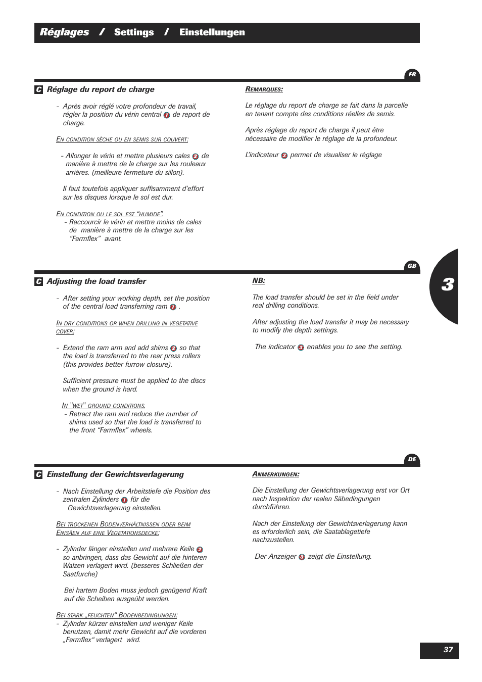 Réglages, Settings, Einstellungen | Sulky Easydrill User Manual | Page 39 / 89