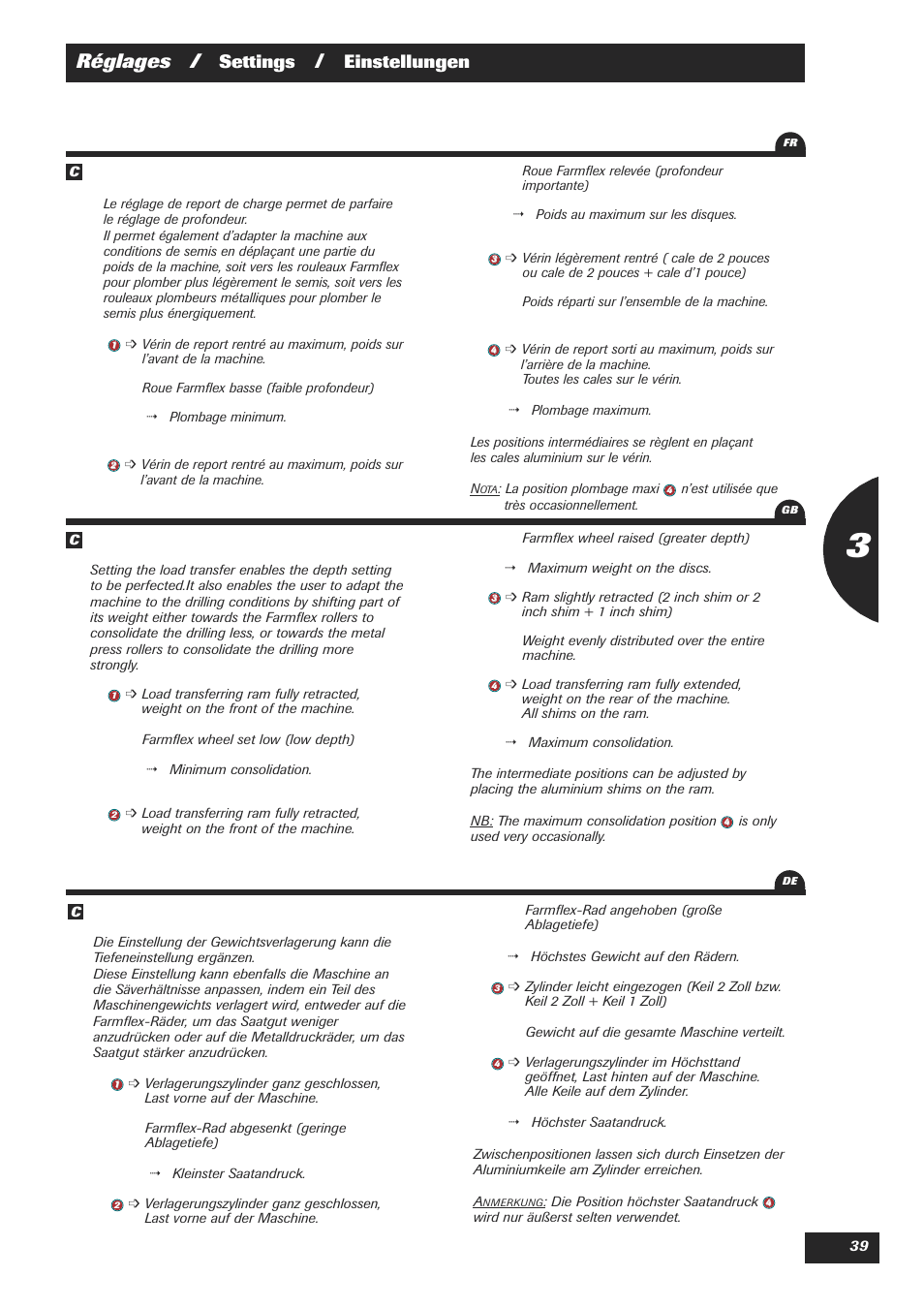 Réglages, Settings, Einstellungen | Sulky Easydrill User Manual | Page 41 / 89