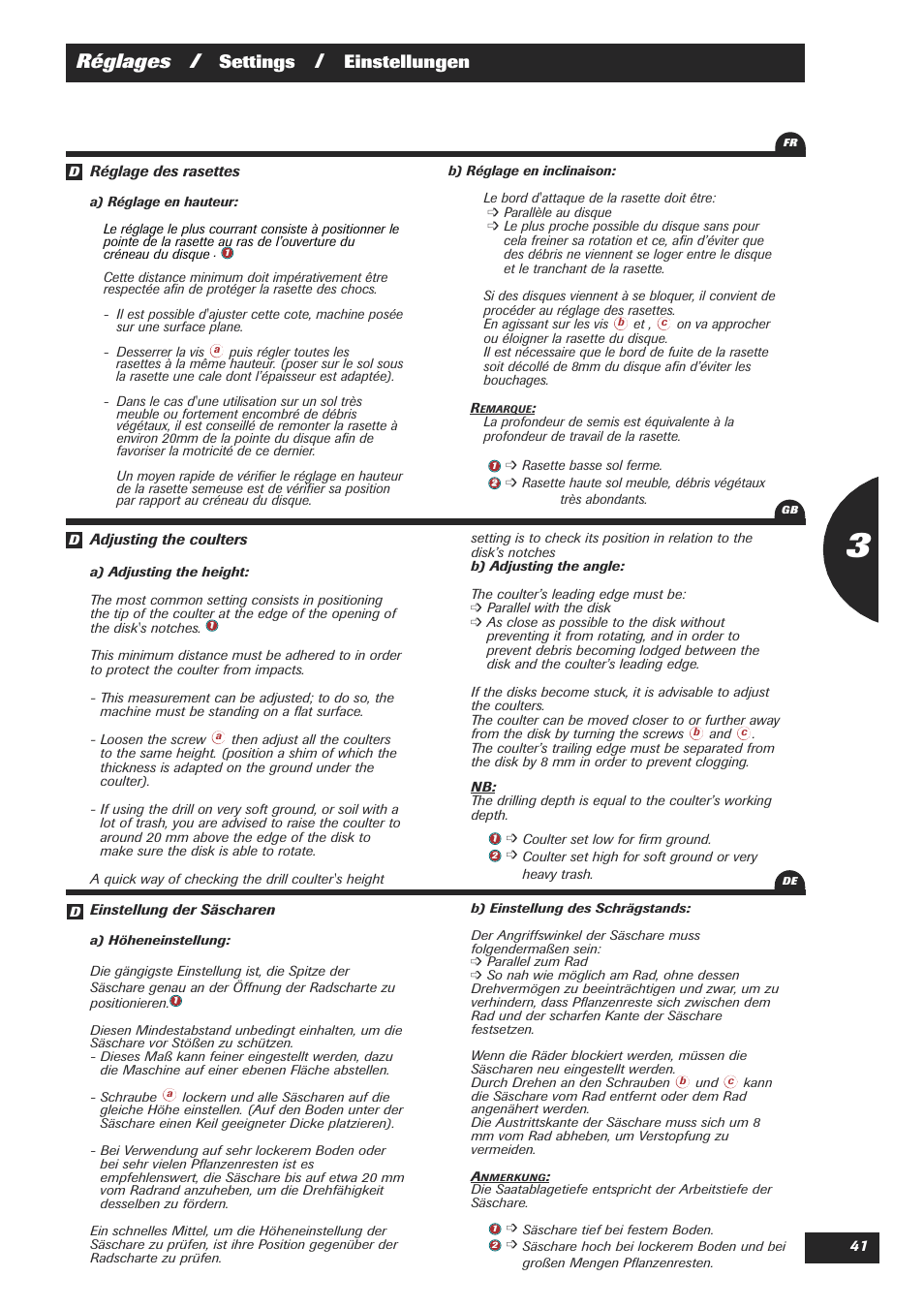 Réglages, Settings, Einstellungen | Sulky Easydrill User Manual | Page 43 / 89