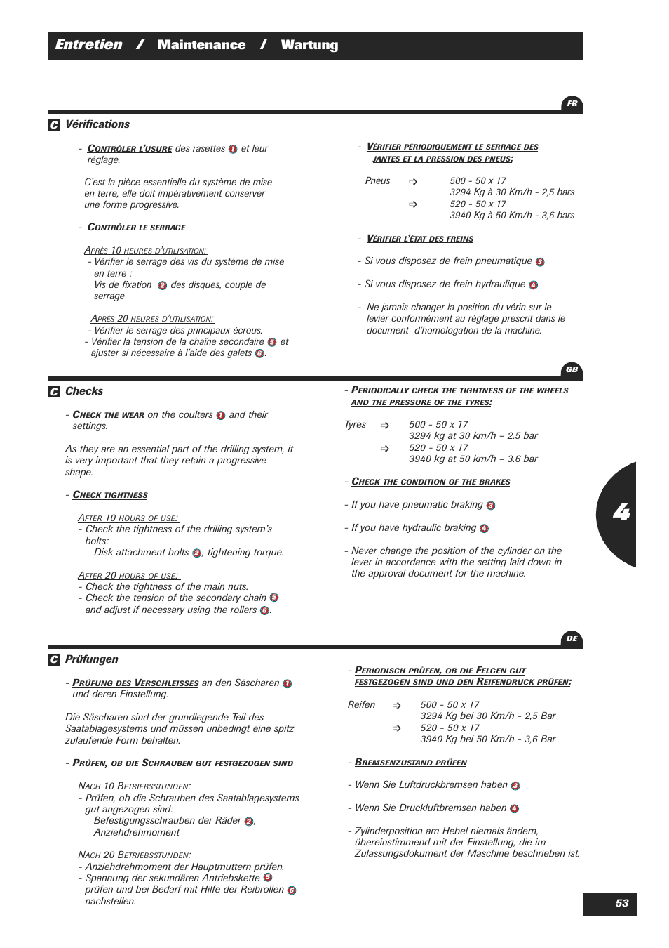 Entretien, Maintenance, Wartung | Vérifications, Prüfungen, Checks | Sulky Easydrill User Manual | Page 55 / 89