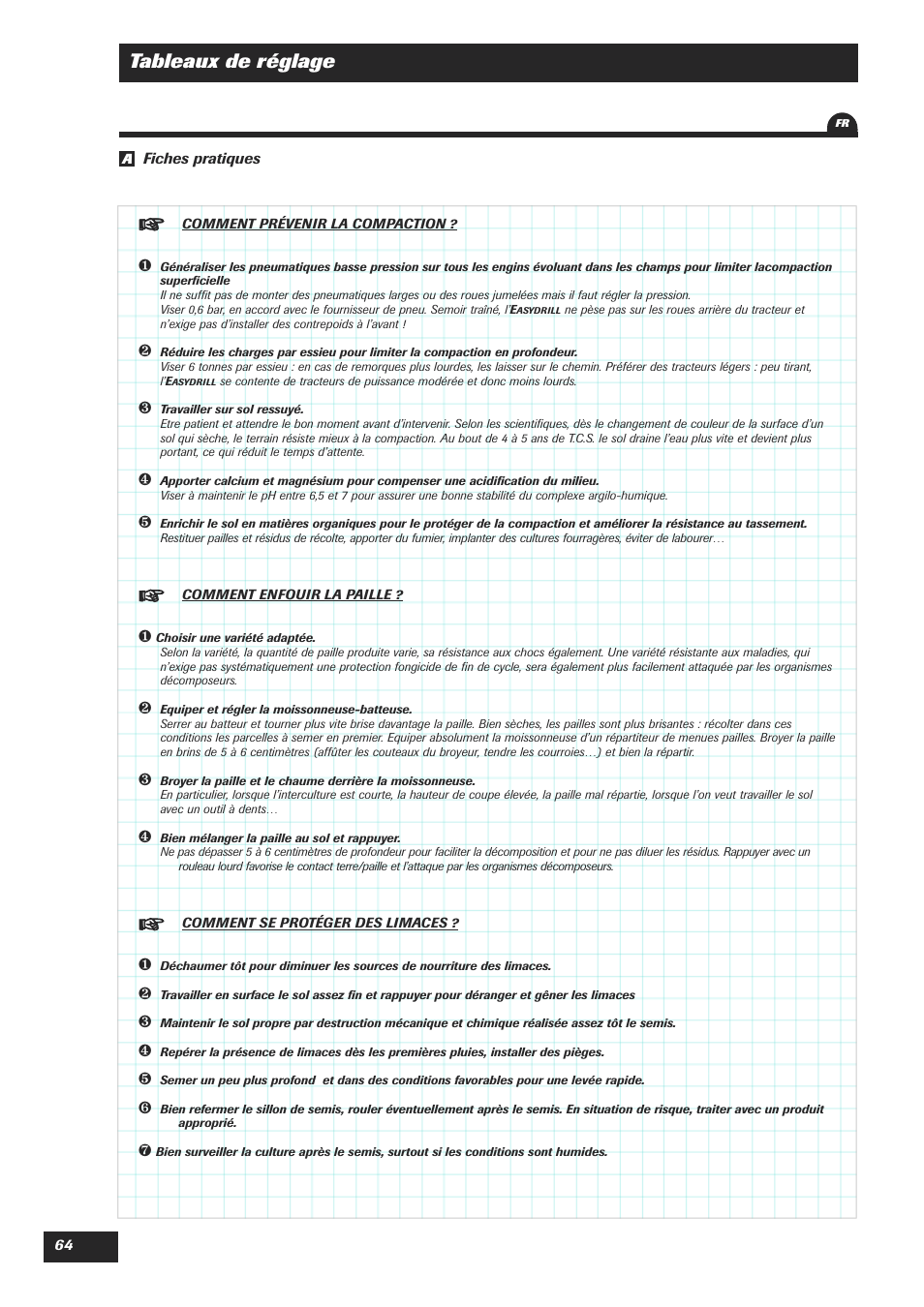 Tableaux de réglage | Sulky Easydrill User Manual | Page 66 / 89