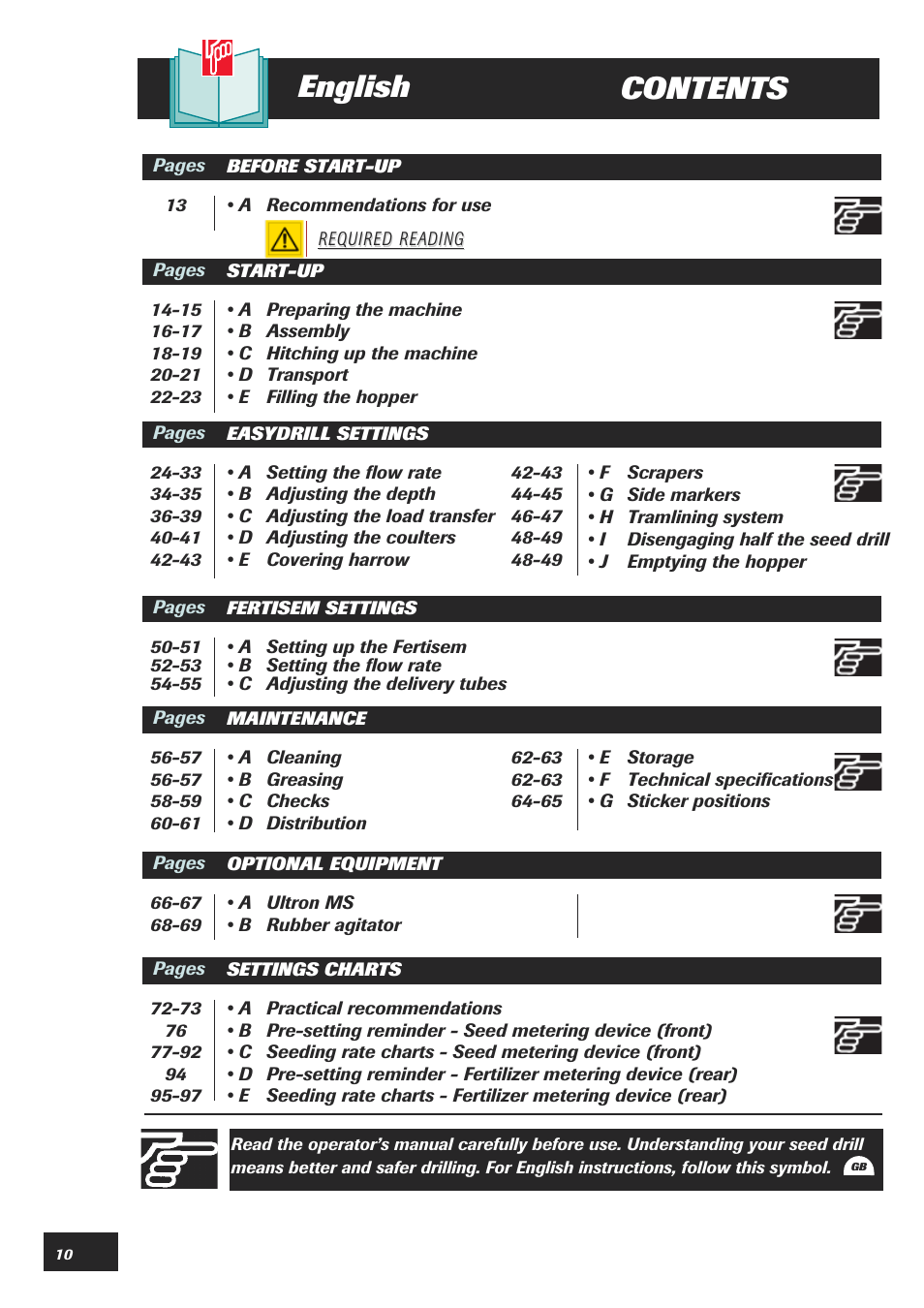 Contents english | Sulky Easydrill Fertisem User Manual | Page 12 / 99