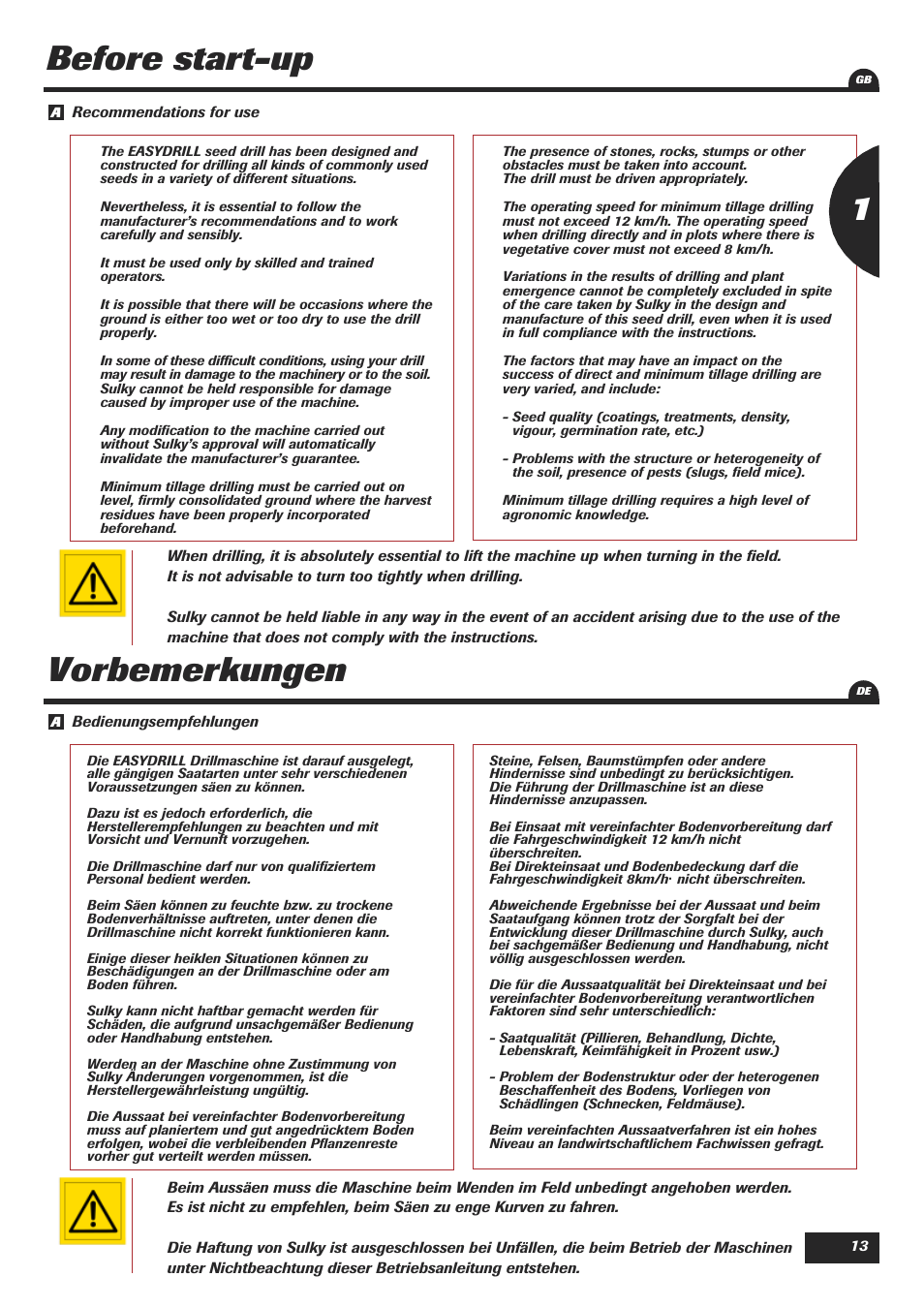 Before start-up, Vorbemerkungen | Sulky Easydrill Fertisem User Manual | Page 15 / 99