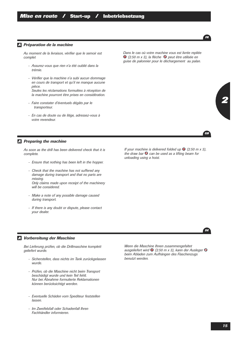 Mise en route, Start-up, Inbetriebsetzung | Sulky Easydrill Fertisem User Manual | Page 17 / 99
