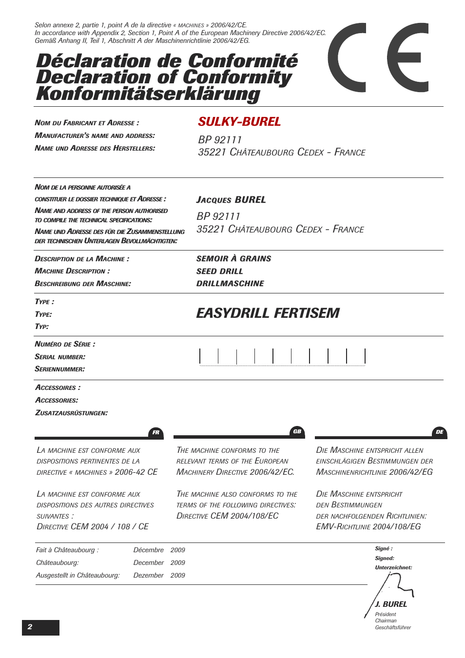 Easydrill fertisem, Sulky-burel, Burel | Sulky Easydrill Fertisem User Manual | Page 4 / 99