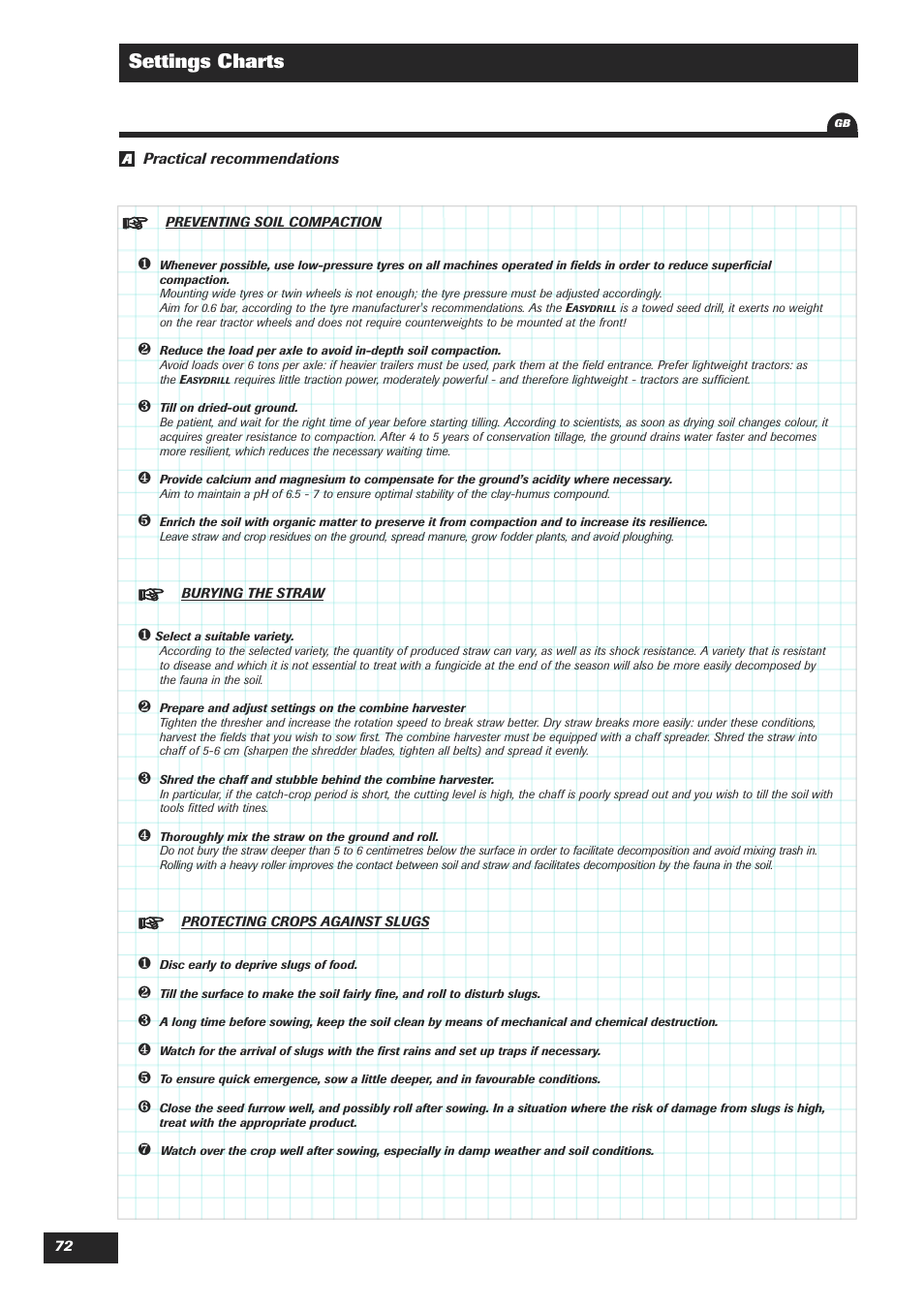 Settings charts | Sulky Easydrill Fertisem User Manual | Page 74 / 99