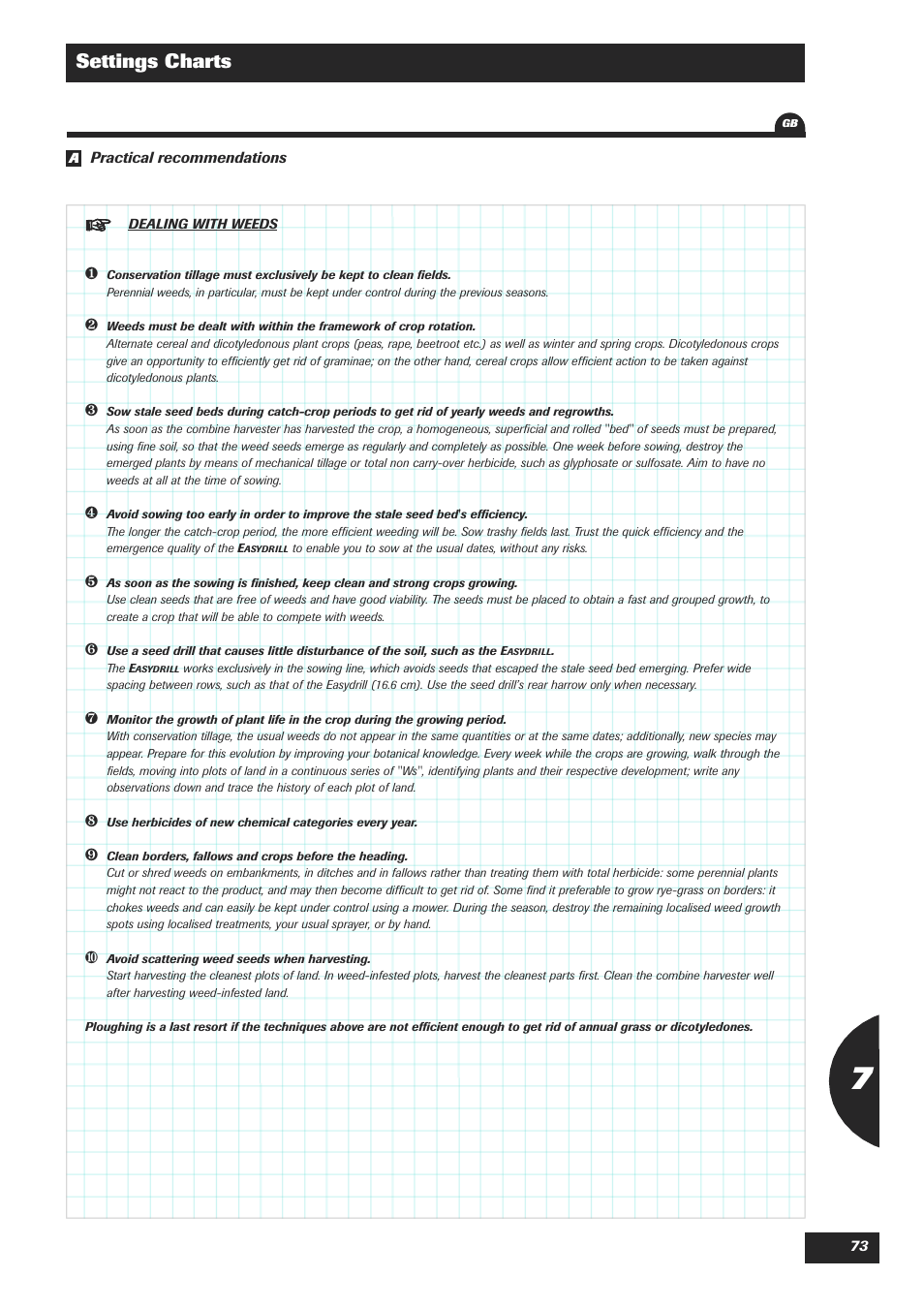 Settings charts | Sulky Easydrill Fertisem User Manual | Page 75 / 99