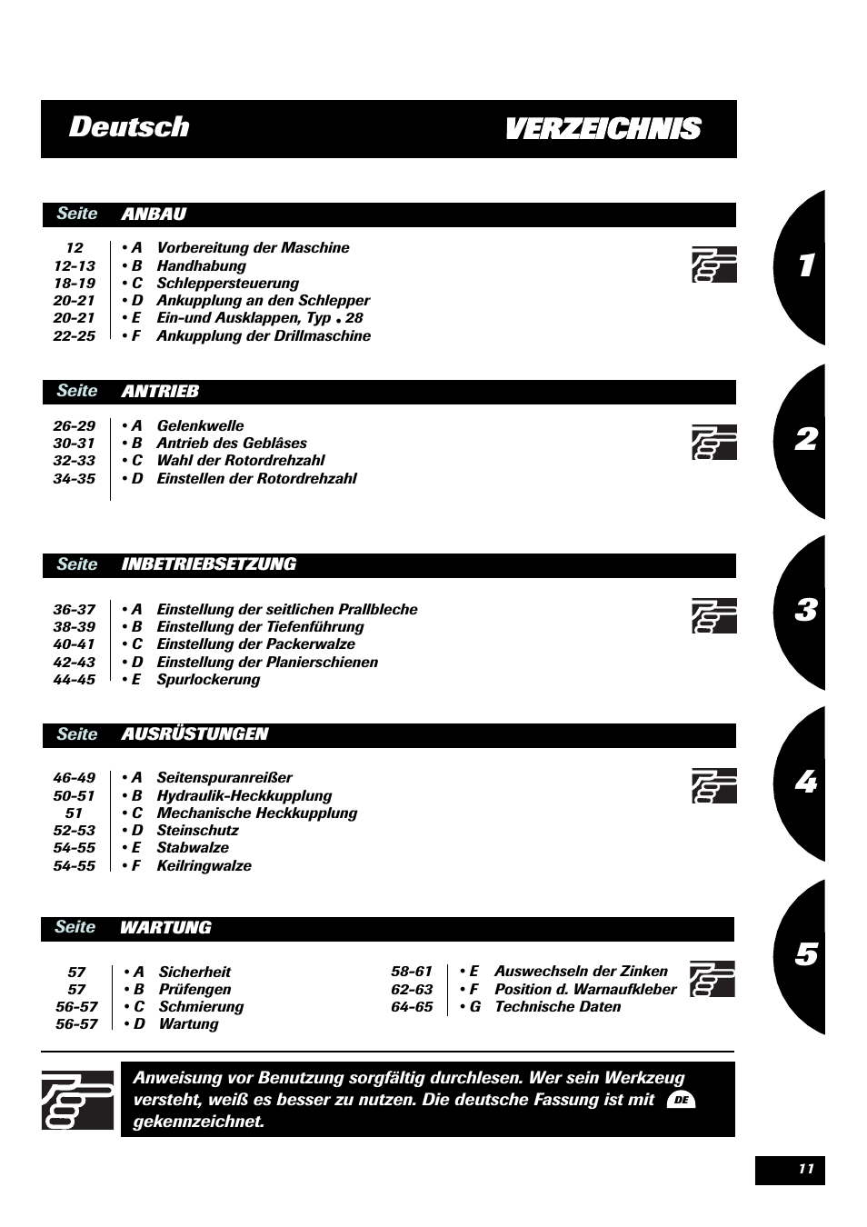 Verzeichnis deutsch | Sulky Cultiline HR User Manual | Page 13 / 67
