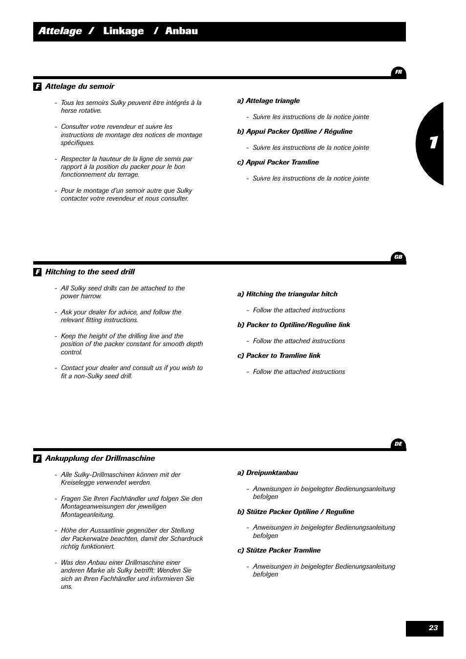 Attelage / linkage / anbau | Sulky Cultiline HR User Manual | Page 25 / 67