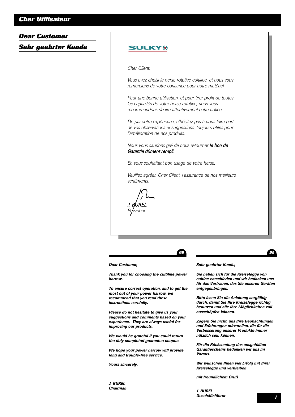 Cher utilisateur, Dear customer sehr geehrter kunde | Sulky Cultiline HR User Manual | Page 3 / 67
