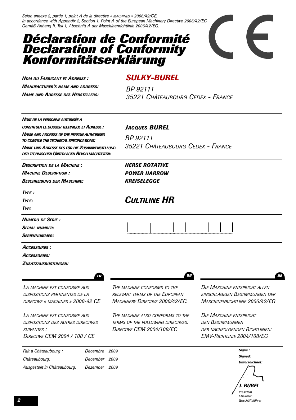 Sulky-burel, Ultiline, Burel | Sulky Cultiline HR User Manual | Page 4 / 67