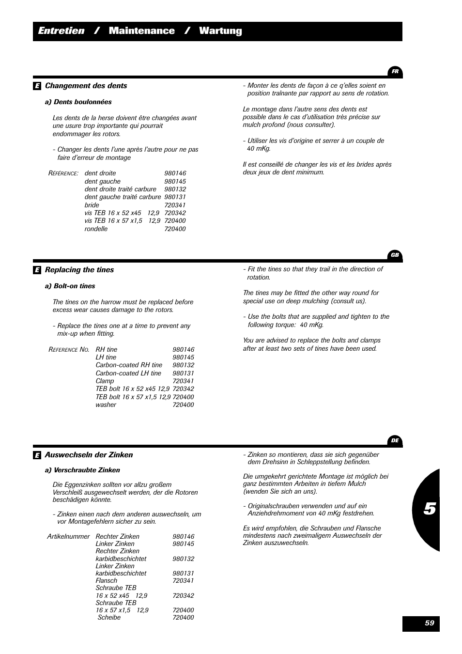 Entretien / maintenance / wartung | Sulky Cultiline HR User Manual | Page 61 / 67