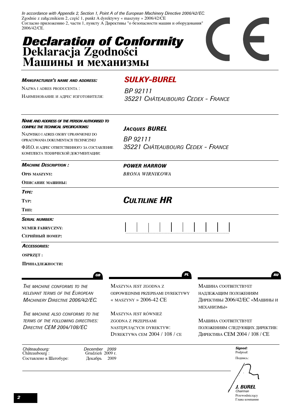 Sulky-burel, Ultiline | Sulky Cultiline HR User Manual | Page 4 / 69