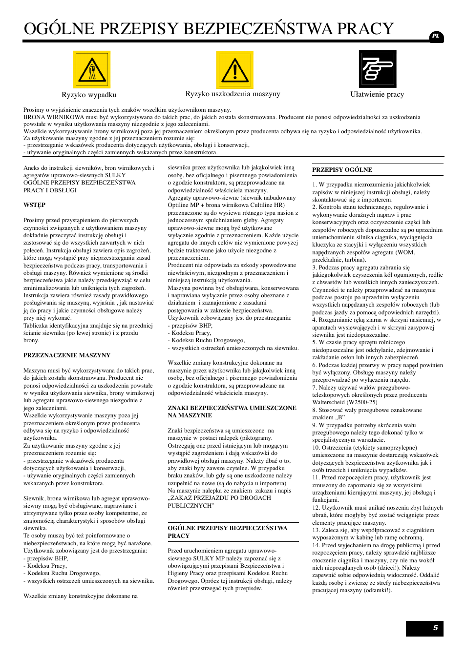 Ogólne przepisy bezpieczeństwa pracy | Sulky Cultiline HR User Manual | Page 7 / 69