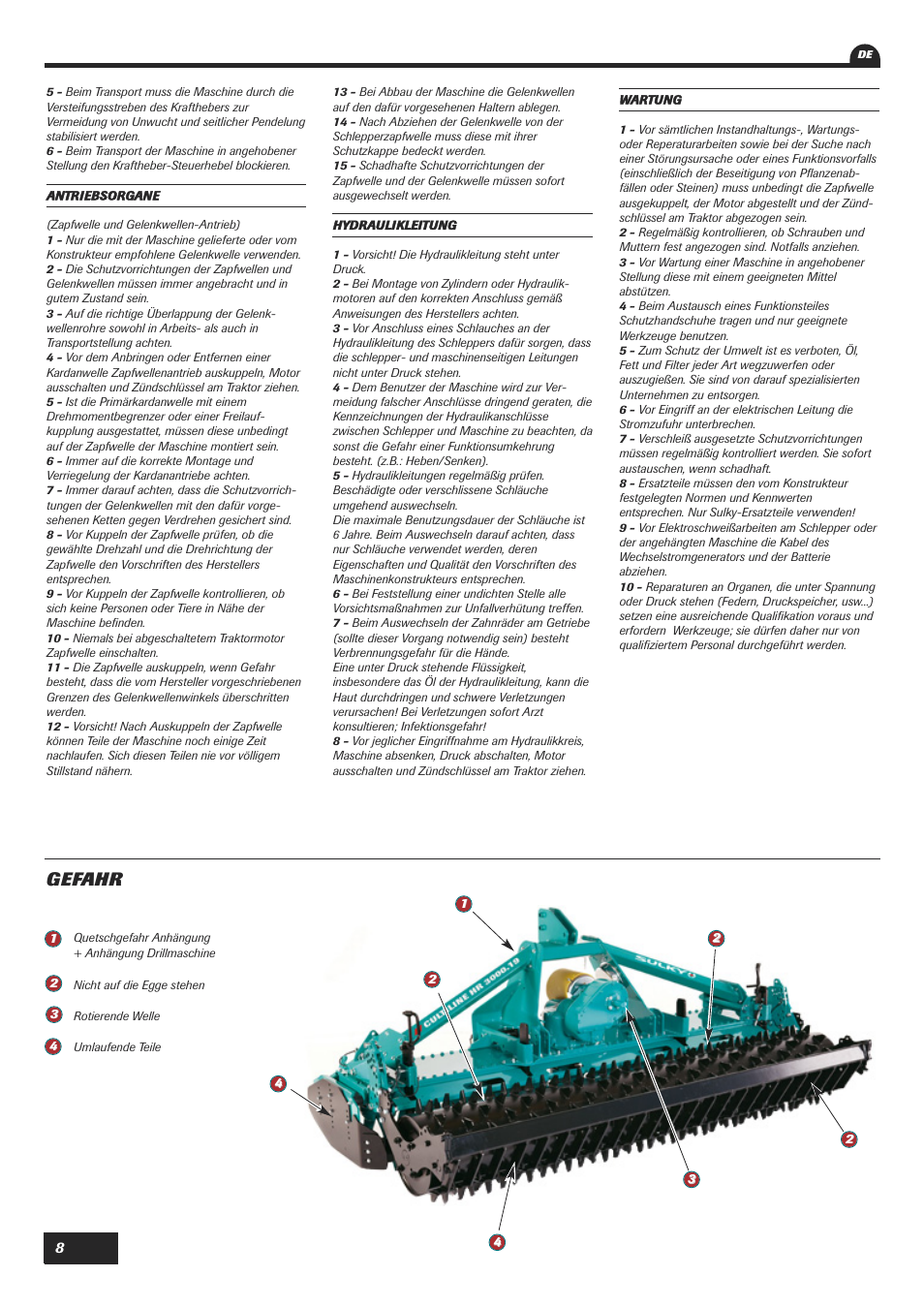 Gefahr | Sulky Cultiline HR 1000 User Manual | Page 10 / 71