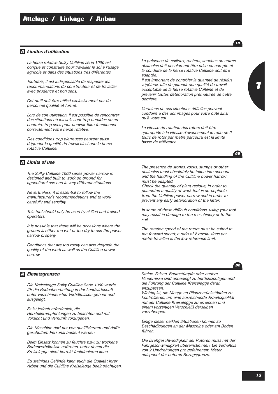 Attelage / linkage / anbau | Sulky Cultiline HR 1000 User Manual | Page 15 / 71