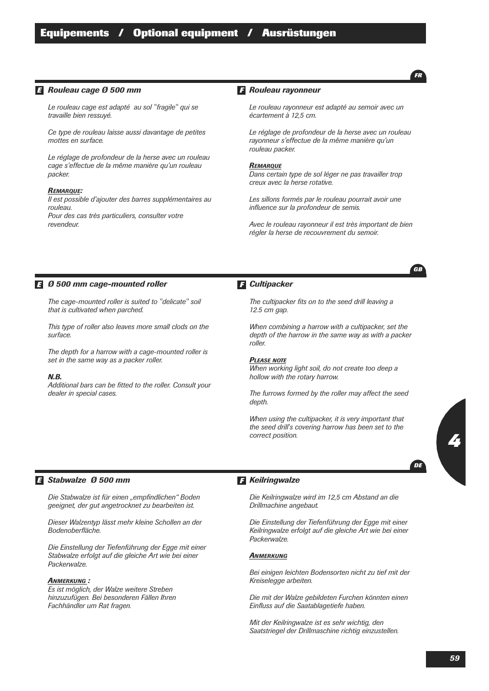 Equipements / optional equipment / ausrüstungen | Sulky Cultiline HR 1000 User Manual | Page 61 / 71