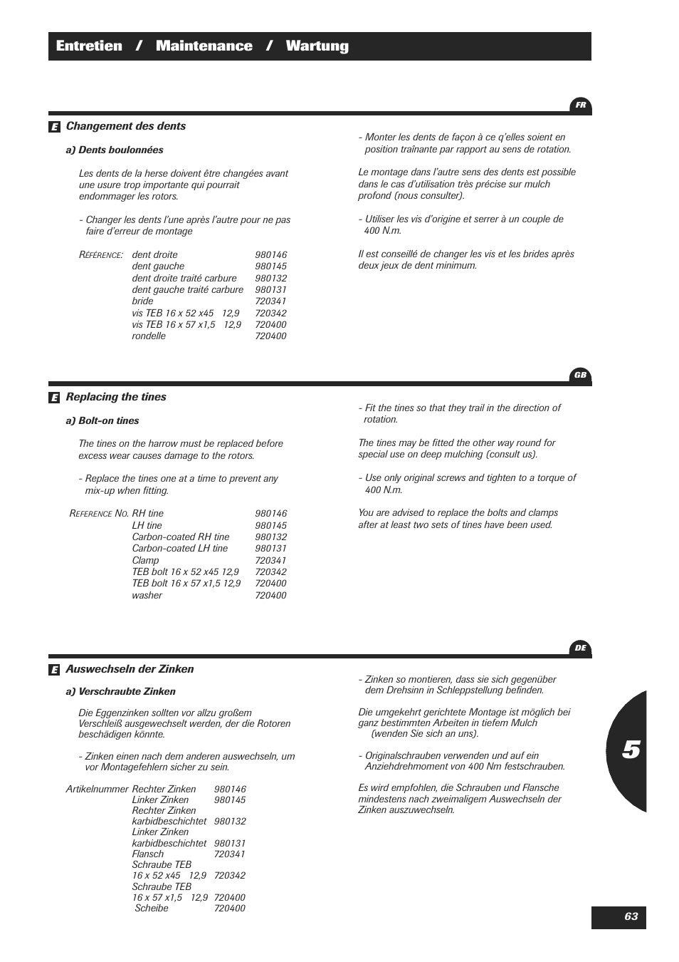 Entretien / maintenance / wartung | Sulky Cultiline HR 1000 User Manual | Page 65 / 71